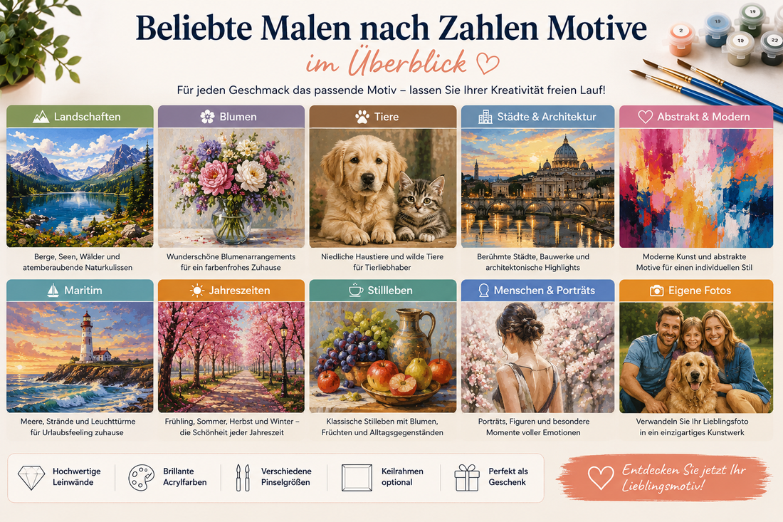 Beliebte Malen nach Zahlen Motive mit Landschaften, Blumen, Haustieren, Städten und eigenen Fotos als kreative Kunstwerke