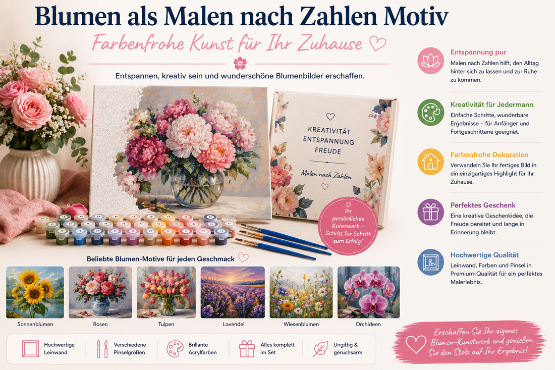 Blumen als Malen nach Zahlen Motiv mit Rosen, Tulpen, Sonnenblumen und farbenfrohen Blumenarrangements als kreatives Leinwandbild