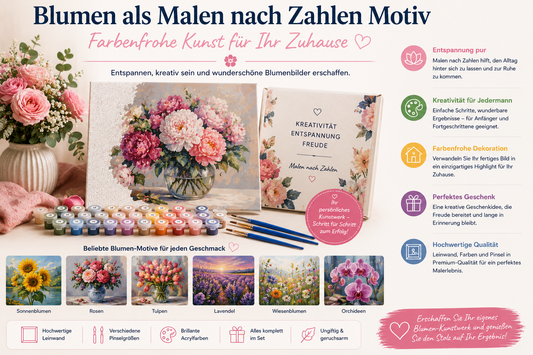 Blumen als Malen nach Zahlen Motiv mit Rosen, Tulpen, Sonnenblumen und farbenfrohen Blumenarrangements als kreatives Leinwandbild