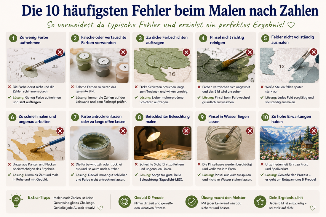 Übersicht der 10 häufigsten Fehler beim Malen nach Zahlen mit praktischen Tipps für saubere Ergebnisse und mehr Malspaß