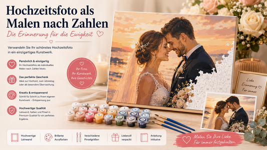 Hochzeitsfoto als Malen nach Zahlen Kunstwerk mit Brautpaar, Leinwand, Farben und Pinseln als persönliche Erinnerung an den Hochzeitstag