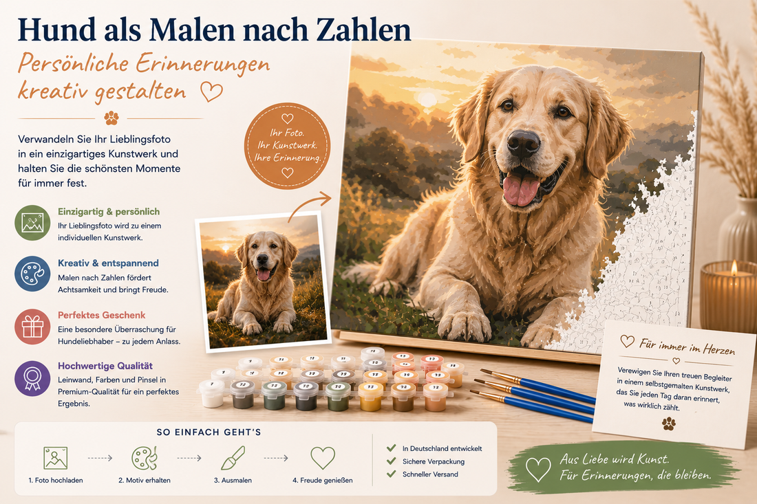 Hund als Malen nach Zahlen Motiv mit individuellem Hundefoto, Leinwand, Farben und Pinseln als persönliches Kunstwerk für Hundeliebhaber