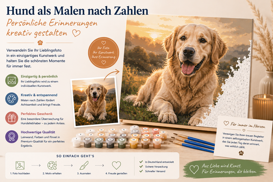 Hund als Malen nach Zahlen Motiv mit individuellem Hundefoto, Leinwand, Farben und Pinseln als persönliches Kunstwerk für Hundeliebhaber