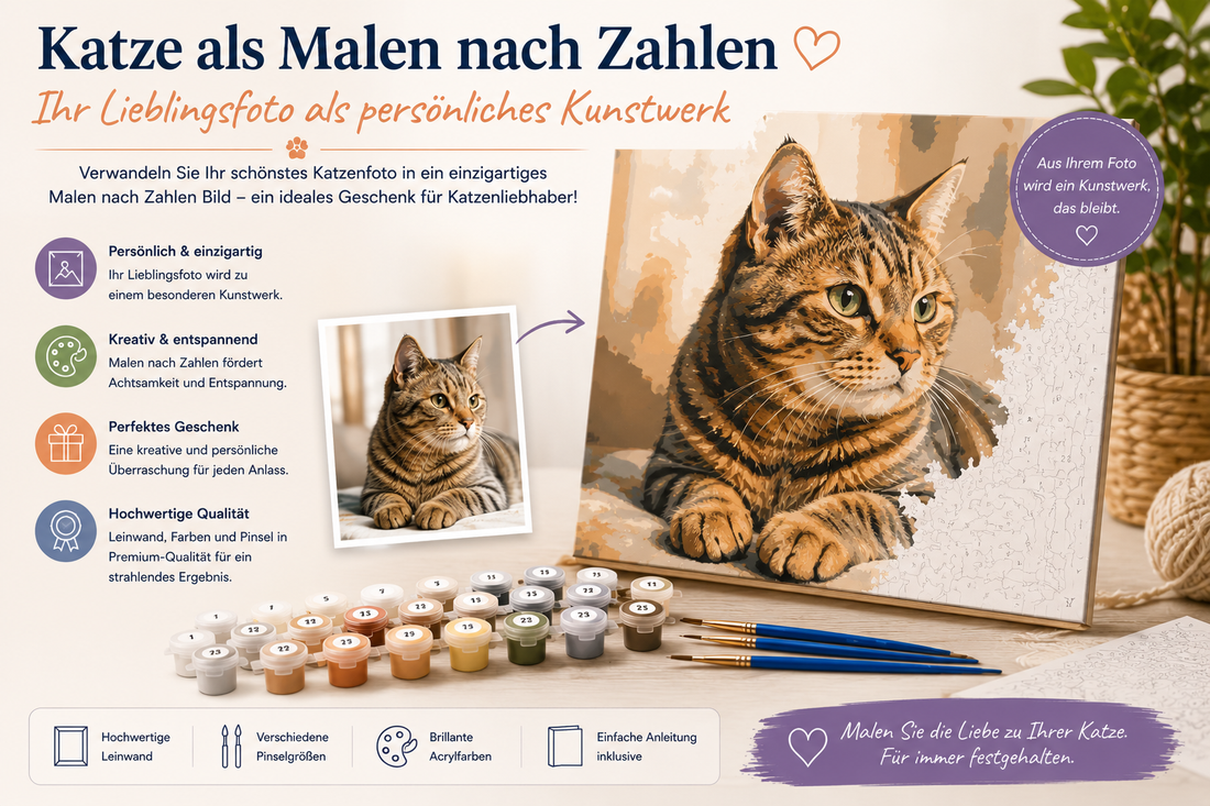 Katze als Malen nach Zahlen Motiv mit individuellem Katzenfoto, Leinwand, Farben und Pinseln als persönliches Kunstwerk für Katzenliebhaber