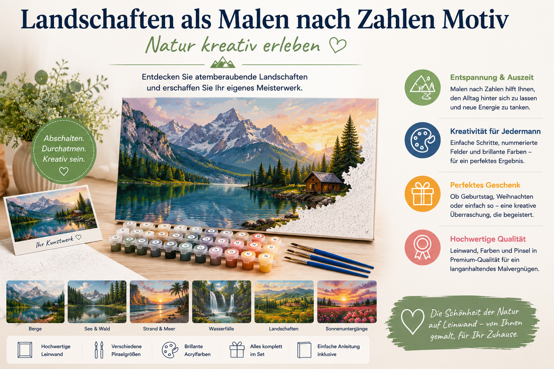 Landschaften als Malen nach Zahlen Motiv mit Bergen, Seen, Wäldern und Naturkulissen als kreatives Leinwandbild für Naturliebhaber