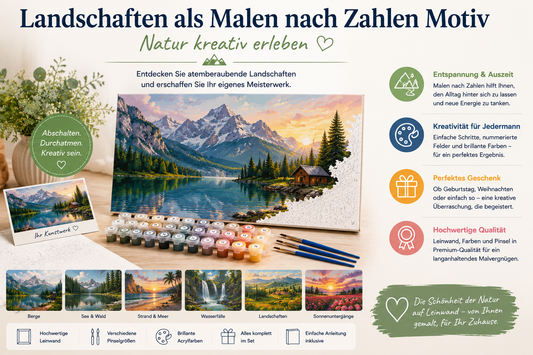 Landschaften als Malen nach Zahlen Motiv mit Bergen, Seen, Wäldern und Naturkulissen als kreatives Leinwandbild für Naturliebhaber