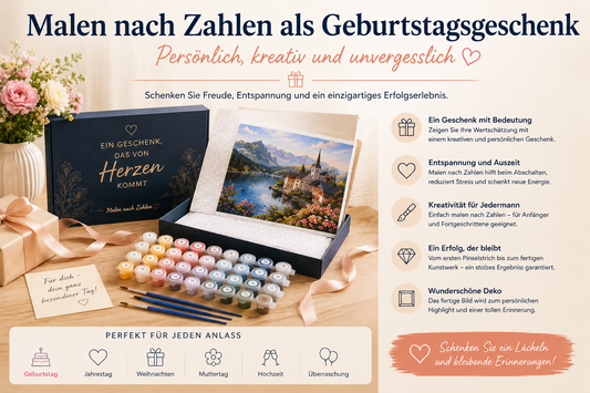 Malen nach Zahlen als persönliches Geburtstagsgeschenk mit Leinwand, Farben, Pinseln und Geschenkverpackung