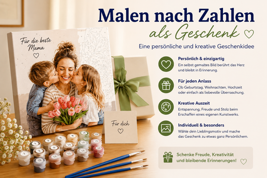 Malen nach Zahlen als Geschenk mit personalisierter Leinwand, Farben und Pinseln als kreative und persönliche Geschenkidee für jeden Anlass