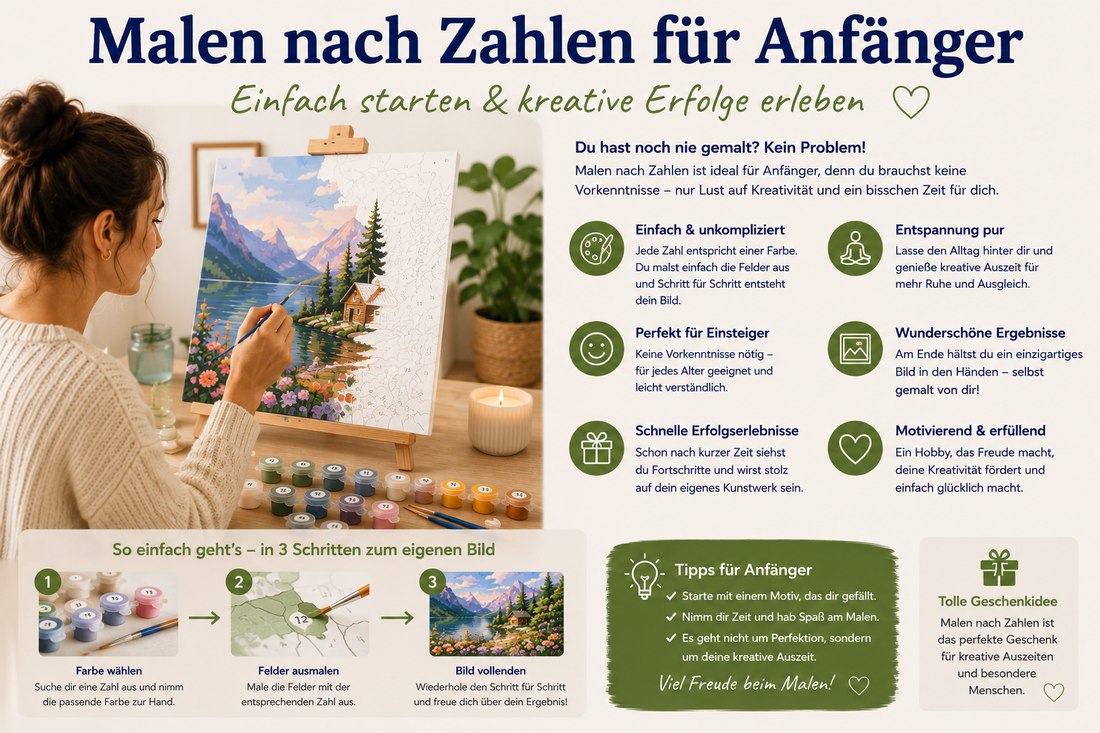 Anfänger beim Malen nach Zahlen mit nummerierter Leinwand, Farben und Pinseln als einfacher Einstieg in das kreative Hobby