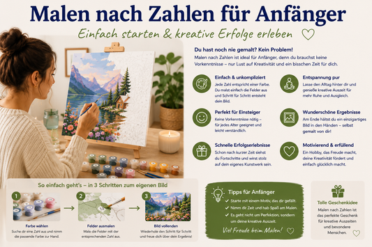 Anfänger beim Malen nach Zahlen mit nummerierter Leinwand, Farben und Pinseln als einfacher Einstieg in das kreative Hobby