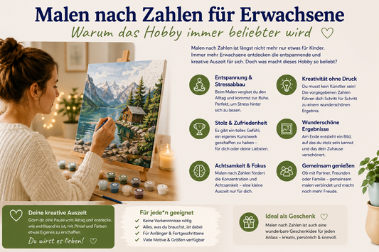 Erwachsene Person beim Malen nach Zahlen mit Leinwand, Farben und Pinseln als entspannendes kreatives Hobby für mehr Ruhe und Ausgleich im Alltag