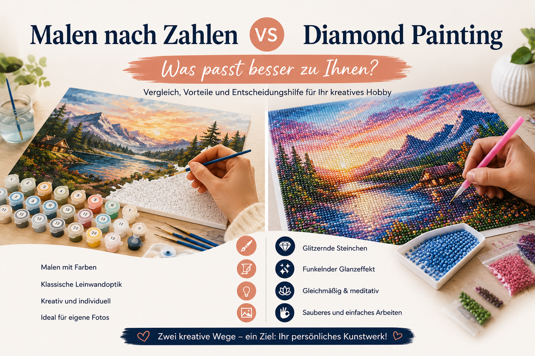 Vergleich zwischen Malen nach Zahlen und Diamond Painting mit Leinwand, Farben, Pinseln und Diamond-Painting-Steinchen
