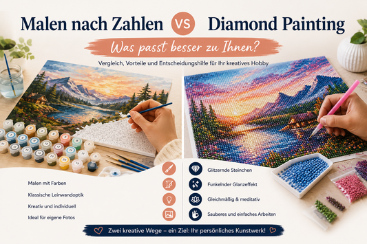 Vergleich zwischen Malen nach Zahlen und Diamond Painting mit Leinwand, Farben, Pinseln und Diamond-Painting-Steinchen