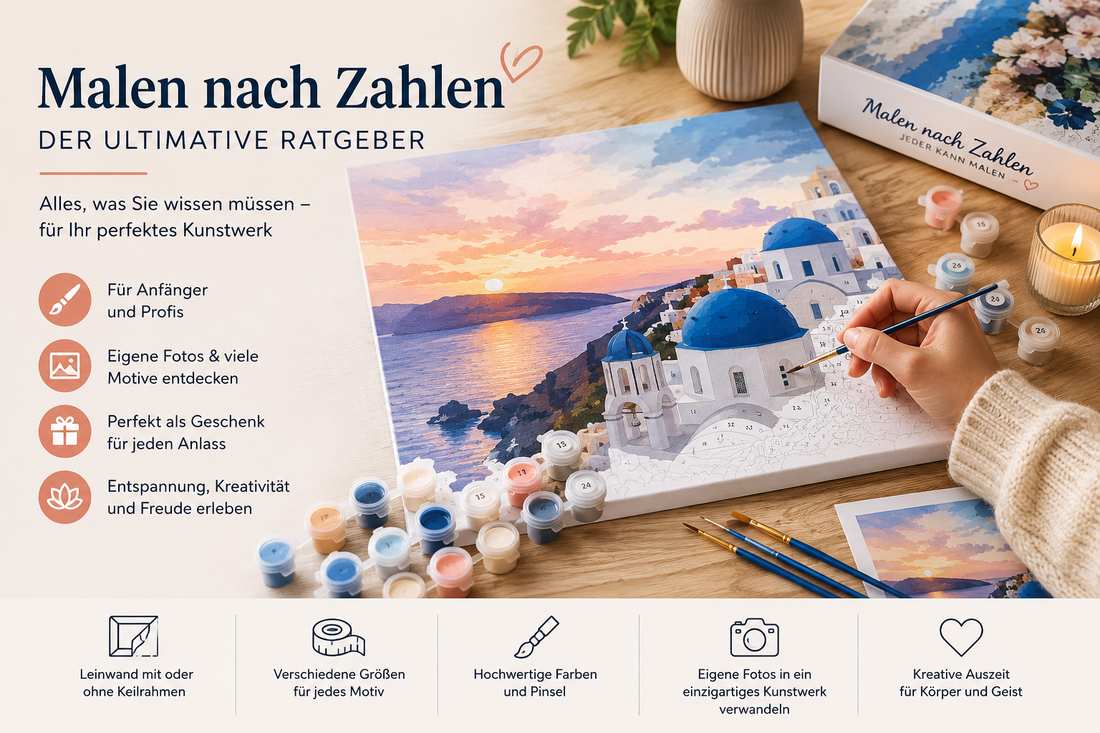 Malen nach Zahlen Ratgeber mit Leinwand, Farben, Pinseln und Keilrahmen – Übersicht für Anfänger und Fortgeschrittene