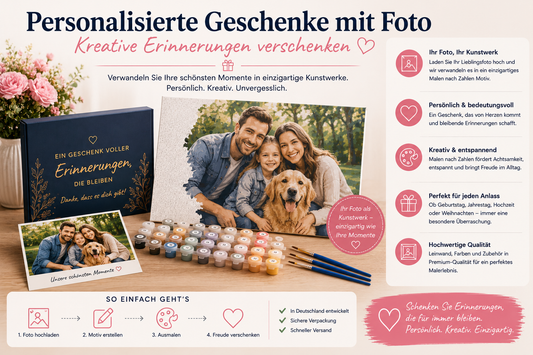 Personalisierte Geschenke mit Foto als Malen nach Zahlen Kunstwerk mit Familienbild, Leinwand, Farben und Pinseln