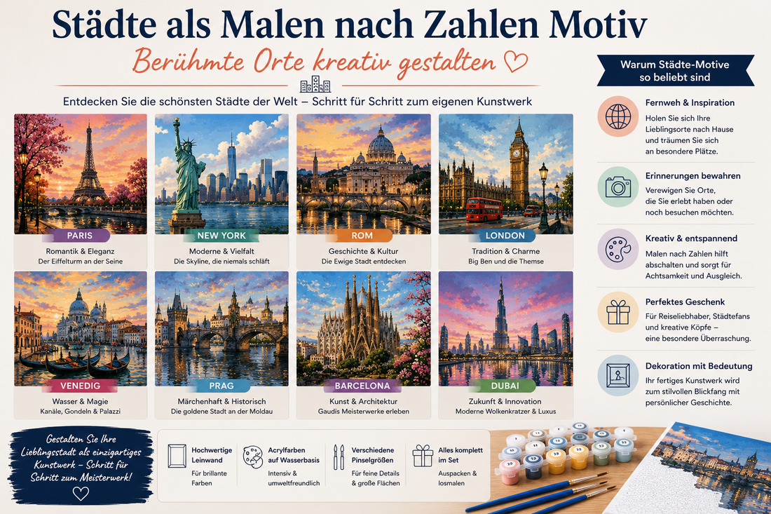 Städte als Malen nach Zahlen Motiv mit berühmten Skylines, historischen Altstädten und bekannten Wahrzeichen als kreatives Leinwandbild