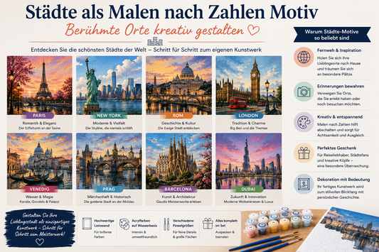 Städte als Malen nach Zahlen Motiv mit berühmten Skylines, historischen Altstädten und bekannten Wahrzeichen als kreatives Leinwandbild