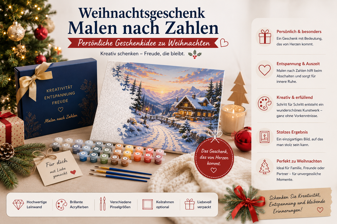 Malen nach Zahlen als persönliches Weihnachtsgeschenk mit Leinwand, Farben, Pinseln und festlicher Geschenkverpackung