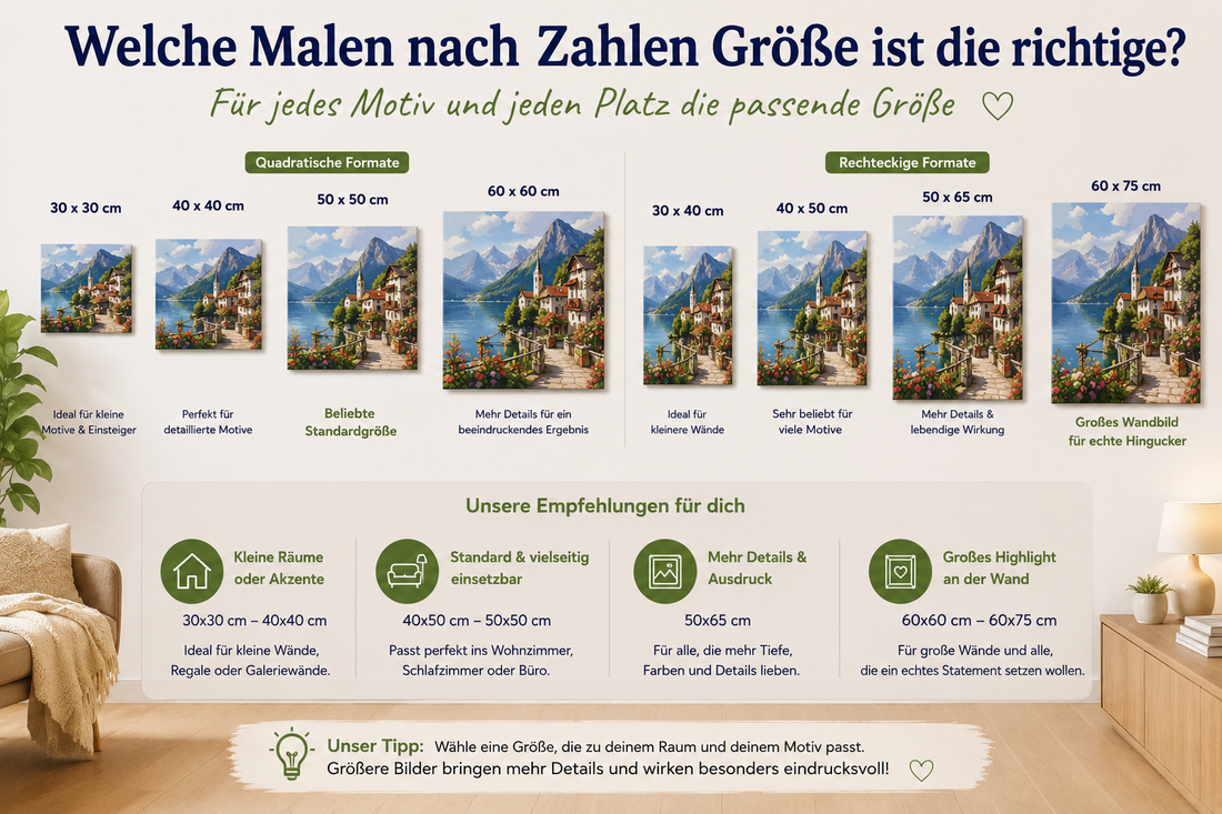 Vergleich verschiedener Malen nach Zahlen Größen von 30x30 cm bis 60x75 cm mit Leinwänden für unterschiedliche Motive und Wohnräume