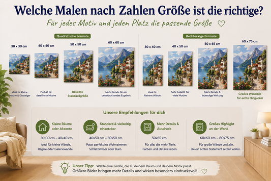 Vergleich verschiedener Malen nach Zahlen Größen von 30x30 cm bis 60x75 cm mit Leinwänden für unterschiedliche Motive und Wohnräume