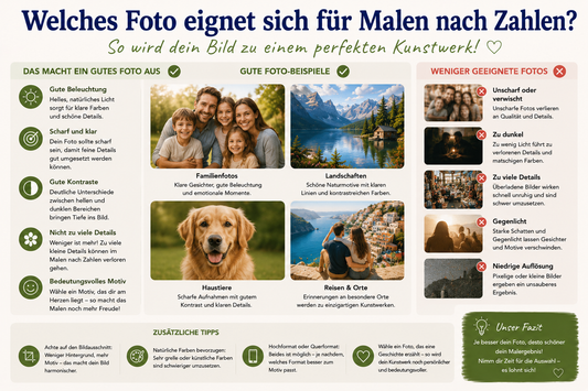 Vergleich von geeigneten und ungeeigneten Fotos für Malen nach Zahlen mit Beispielen für Familienfotos, Haustiere, Landschaften und Reisebilder