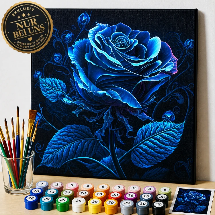 Malen nach Zahlen Set – Elegante blaue Rose in sanfter Leuchtoptik