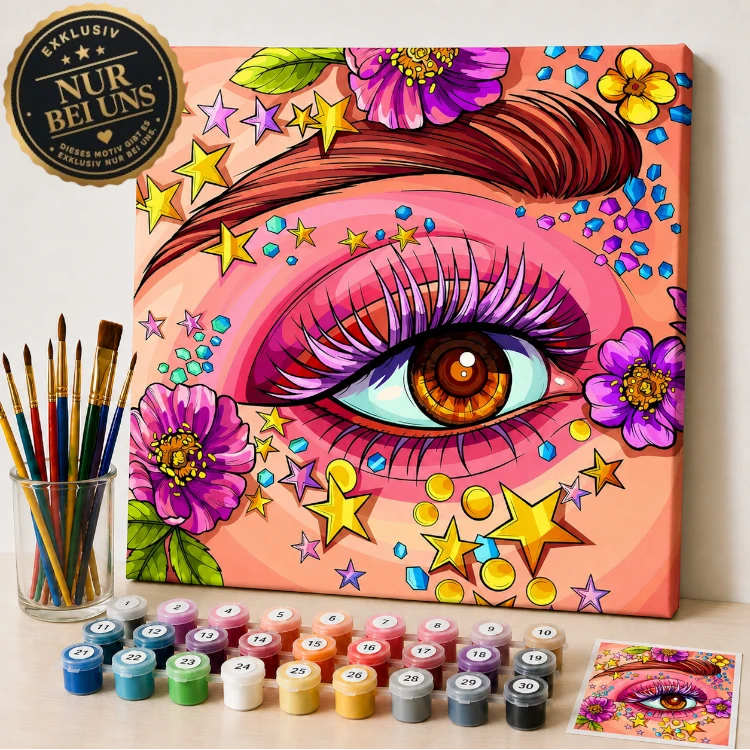 Malen nach Zahlen Set – Fantasievolles Augen Porträt voller Farben und Sterne