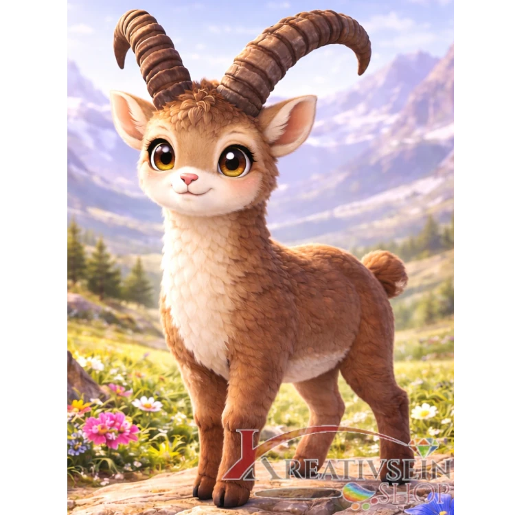 Malen nach Zahlen Schweiz – Kawaii Steinbock in den Alpen