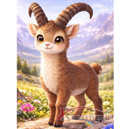 Malen nach Zahlen Schweiz – Kawaii Steinbock in den Alpen