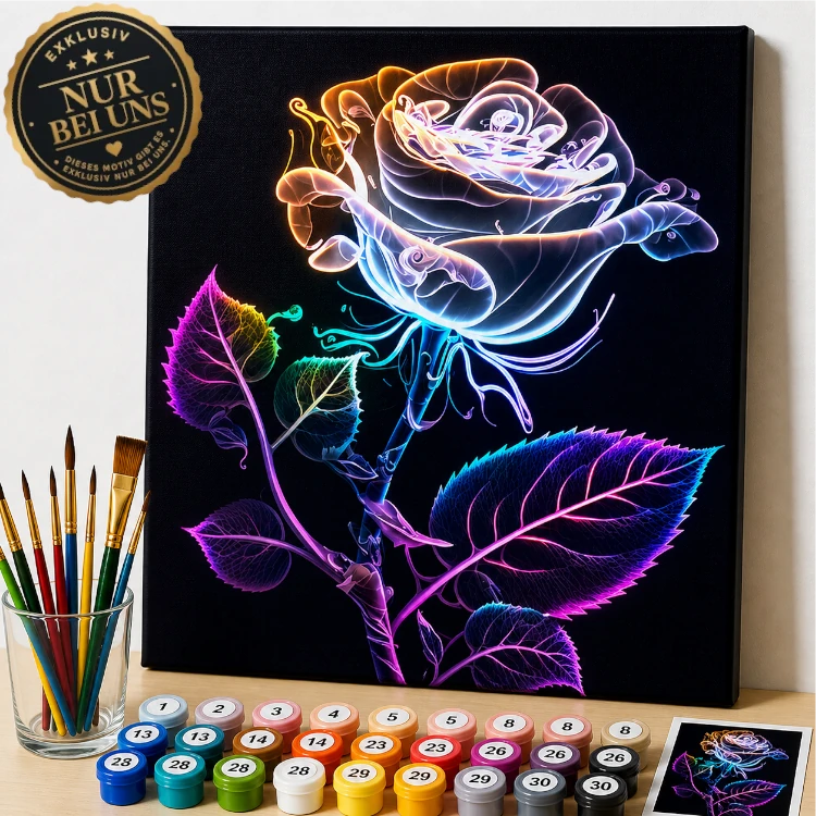 Malen nach Zahlen – Leuchtende Neon Rose in futuristischer Eleganz