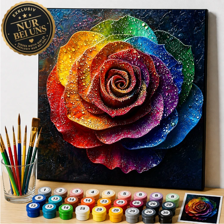 Malen nach Zahlen – Regenbogen Rose mit funkelnden Details