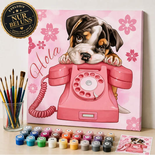 Malen nach Zahlen Schweiz – Süßer Welpe mit rosa Retro Telefon
