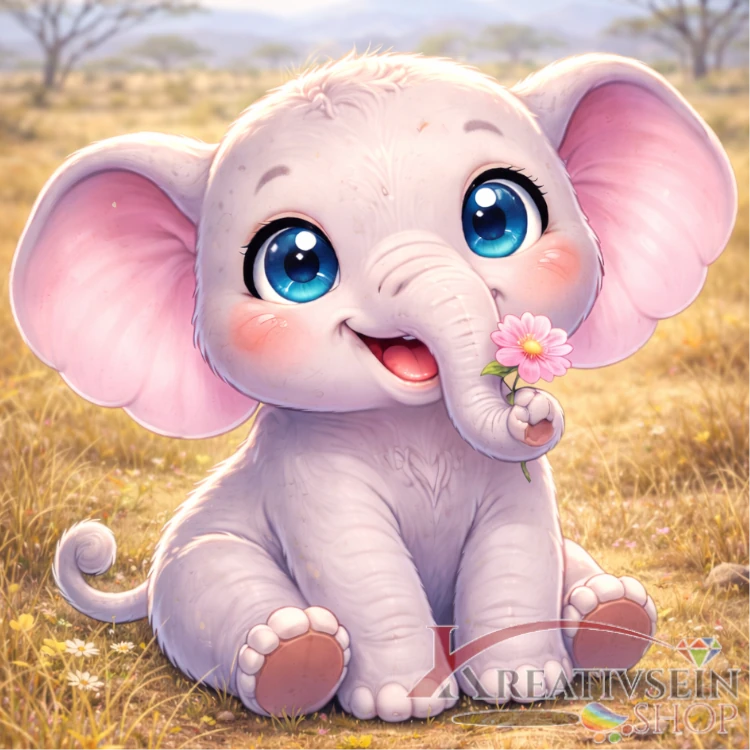 Malen nach Zahlen Set Elefanten Baby mit Blume