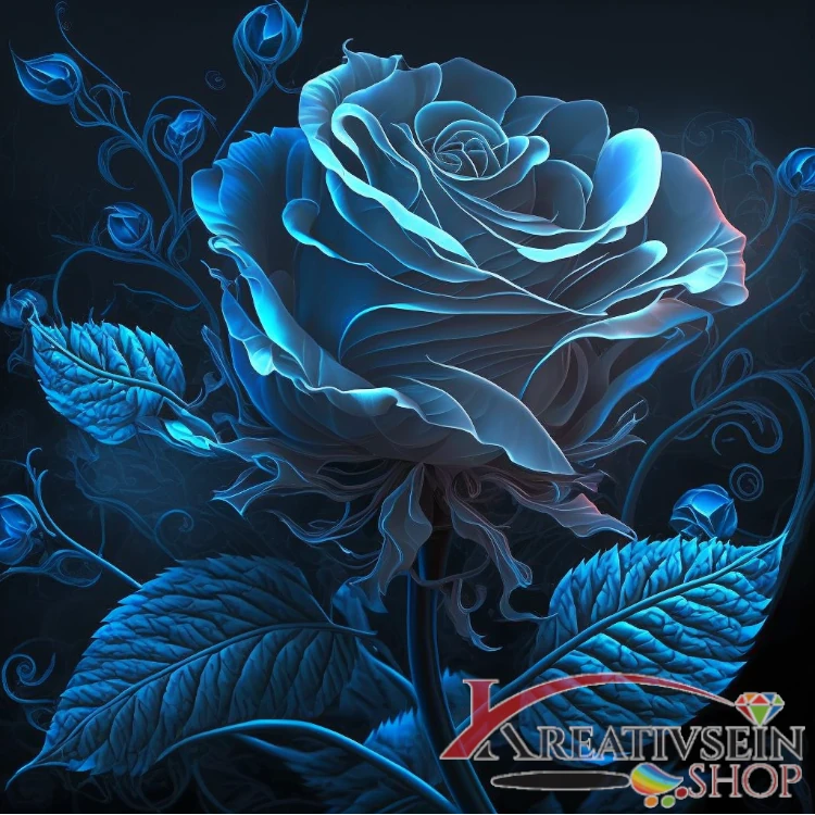Malen nach Zahlen Erwachsene – Elegante blaue Rose in sanfter Leuchtoptik