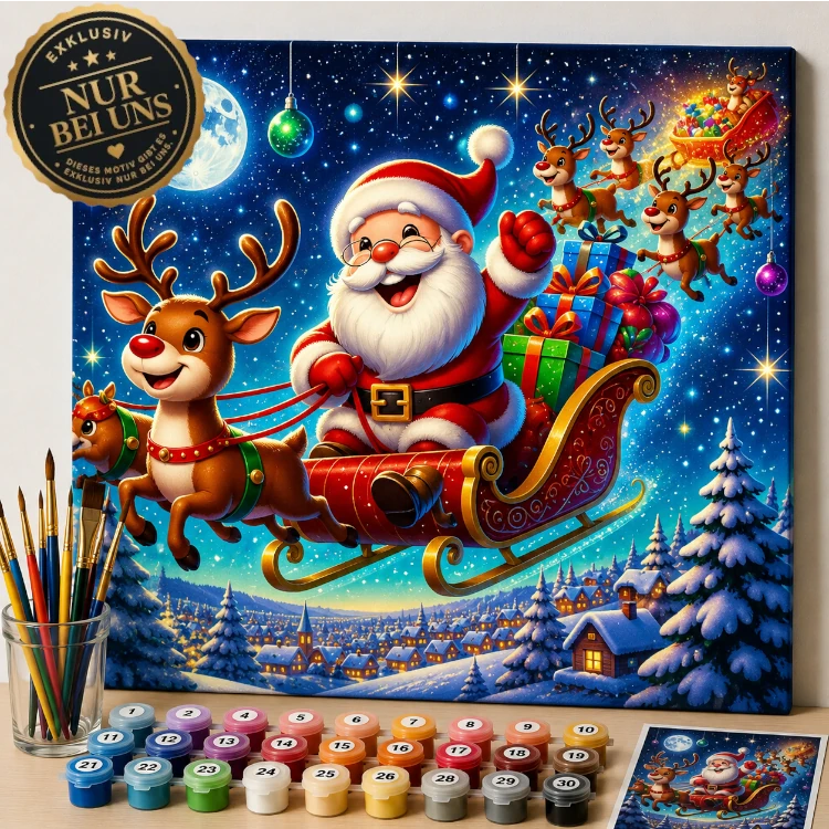 Malen nach Zahlen Set – Fröhlicher Weihnachtsmann mit Rentierschlitten