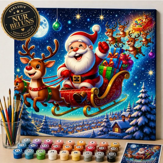 Malen nach Zahlen Set – Fröhlicher Weihnachtsmann mit Rentierschlitten
