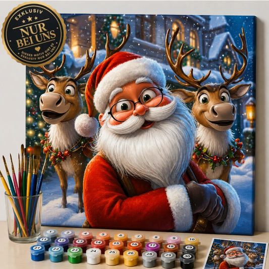 Malen nach Zahlen Set – Lustiger Weihnachtsmann mit Rentieren