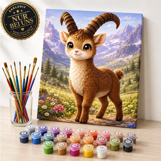 Malen nach Zahlen Set – Kawaii Steinbock in den Alpen