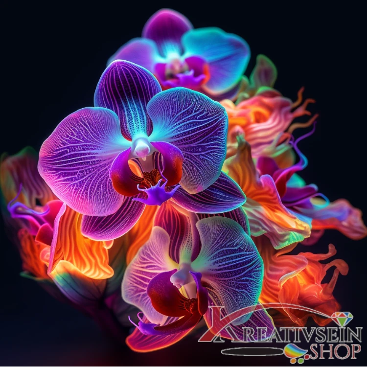 Malen nach Zahlen Set – Leuchtende Orchideen in intensiven Neonfarben