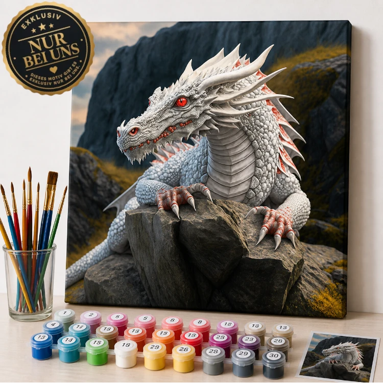 Malen nach Zahlen weisser Drache mit roten Augen