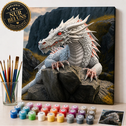Malen nach Zahlen weisser Drache mit roten Augen